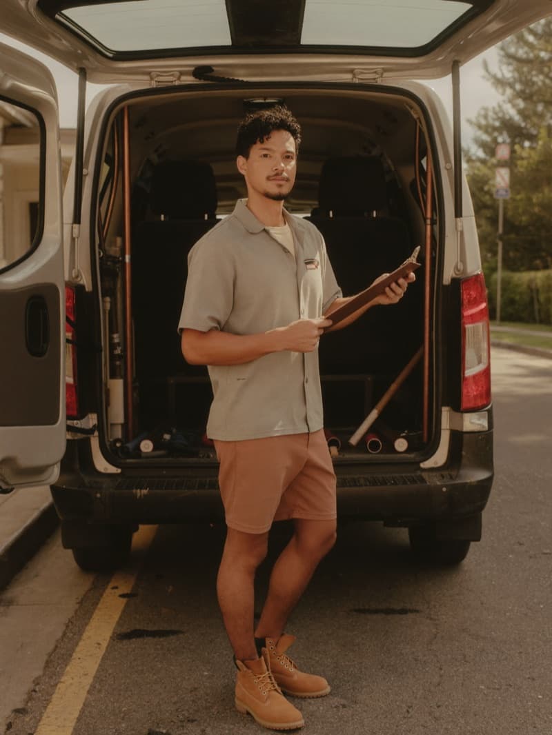 A trade business owner standing by their work van on a job.